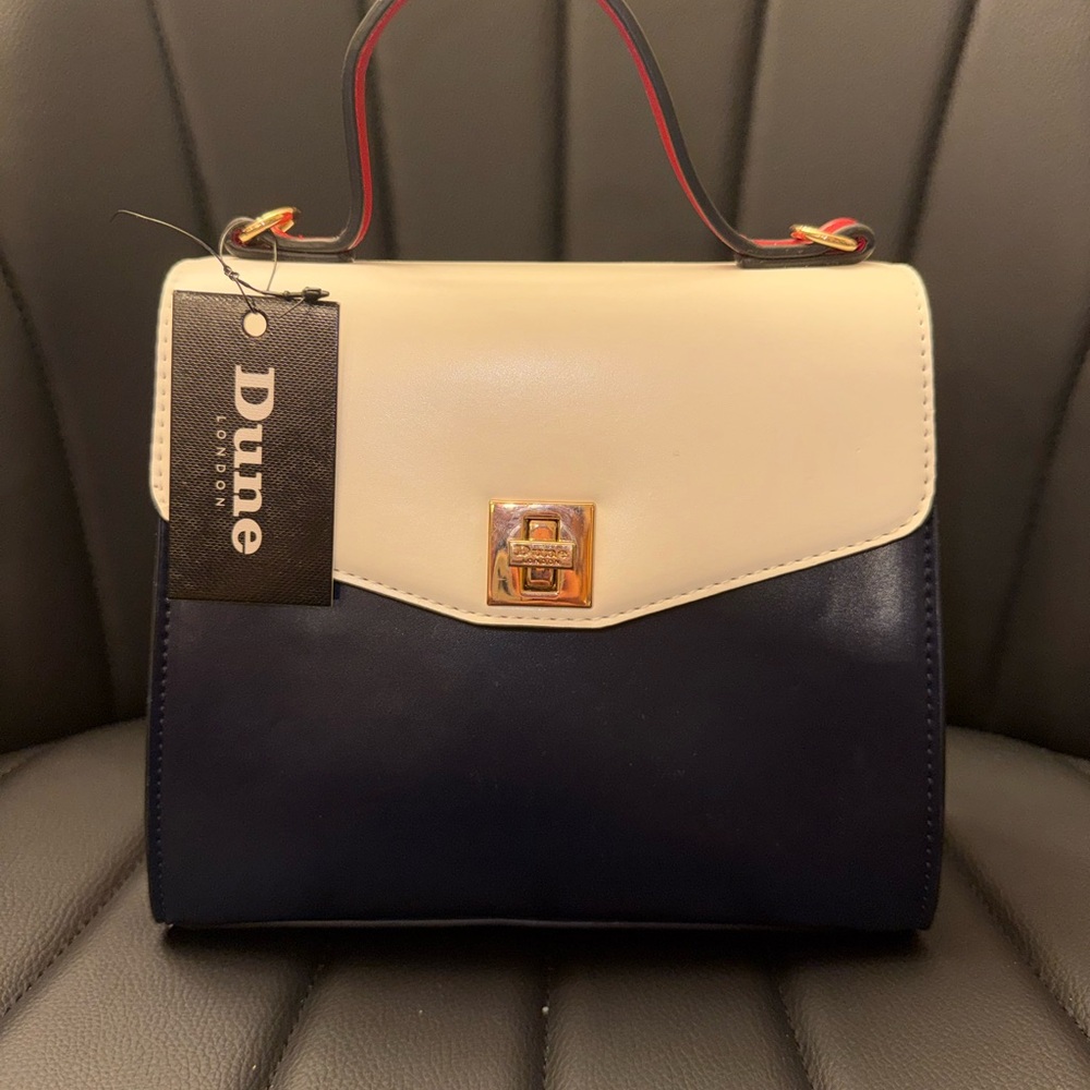 Dune London Navy and Cream Structured Top-Handle Satchel